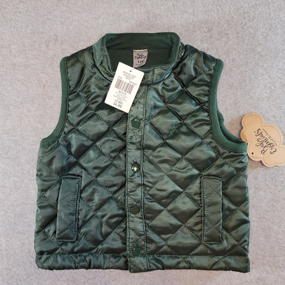 Baby Essentials Hunter Green Quilted Puffer Vest Infant 12M Snap Front Outerwear - Picture 2 of 8